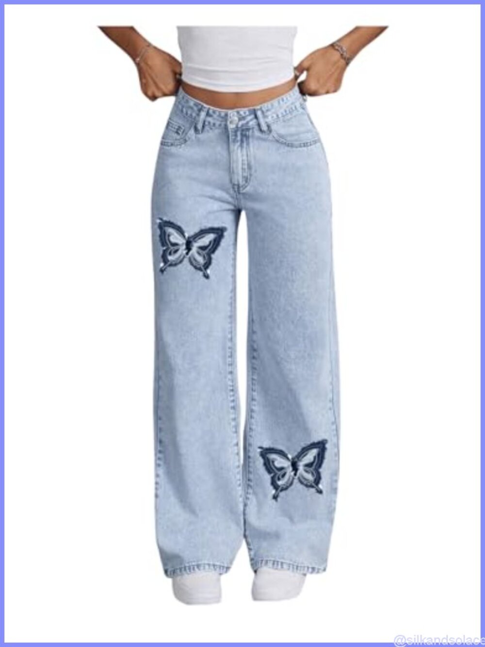 Low Rise Wide Leg Straight Leg Denim Jeans Butterfly Print Casual